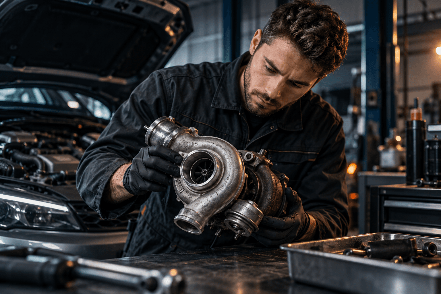 Turbosprężarka samochodowa po intensywnej jeździe, ilustracja techniczna