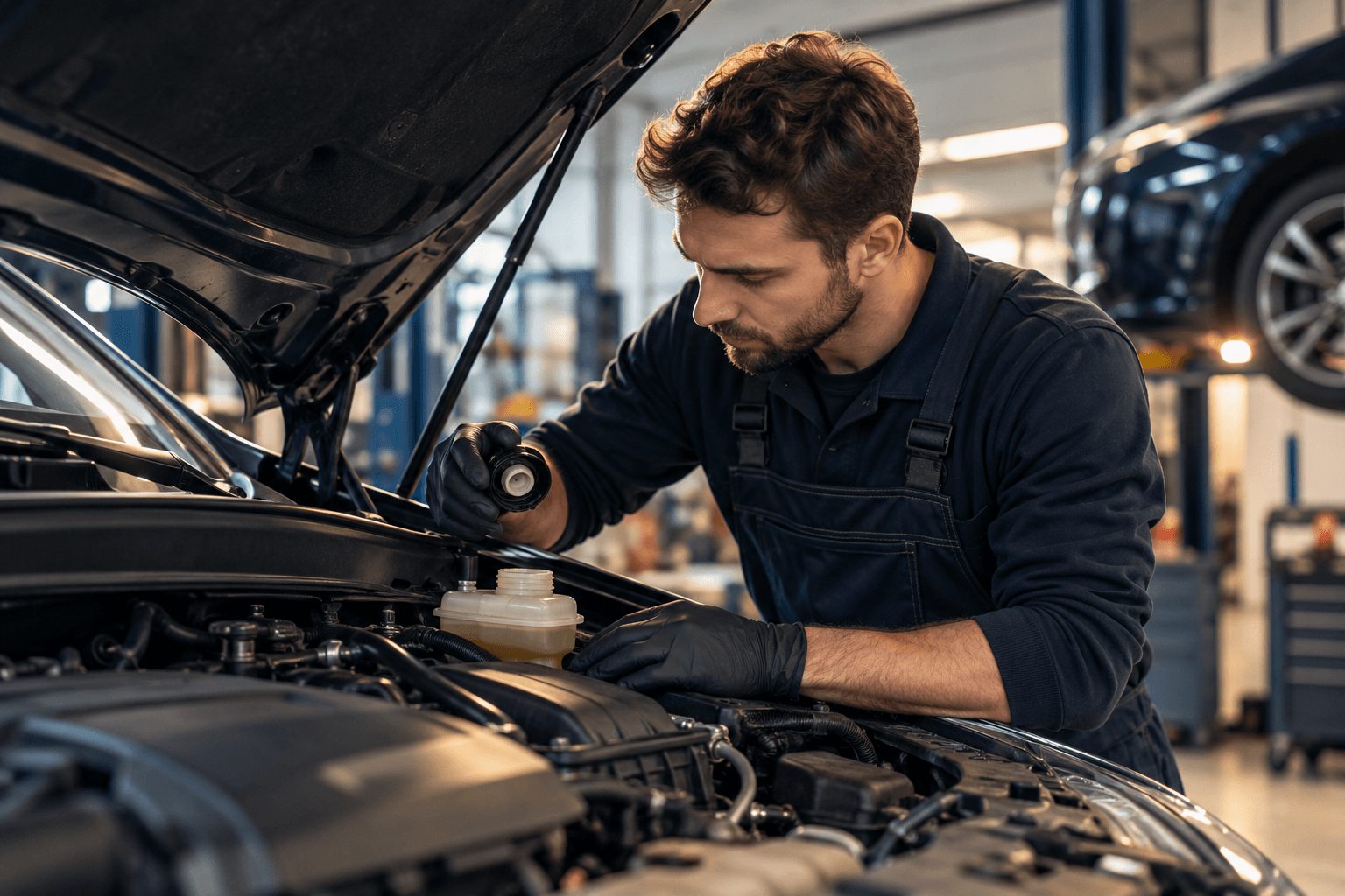 Mechanik kontrolujący układ hamulcowy samochodu