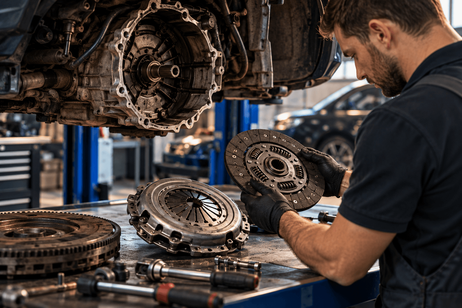 Mechanik sprawdzający układ sprzęgła samochodu